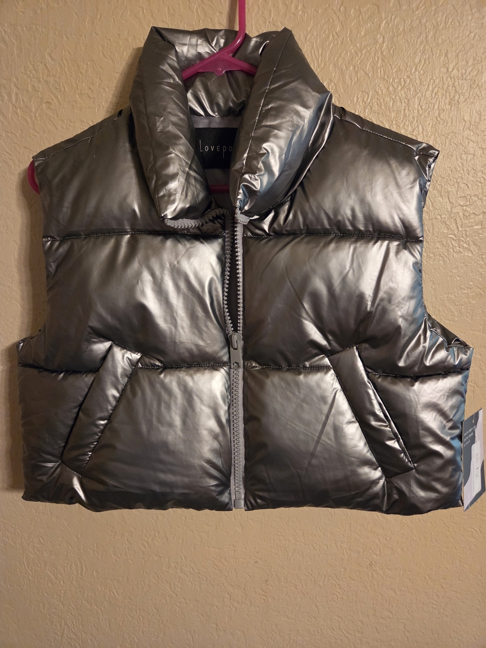 NWT Lovepoem Metallic Silver Puffer Vest for Women Sz S